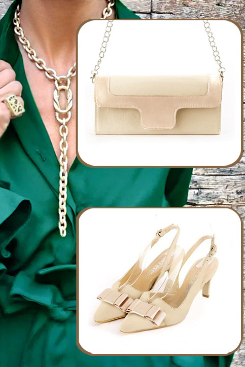 Champagne white and gold women's open back shoes, with a knot. Tapered toe. Medium slim heel. Worn view - Florence KOOIJMAN